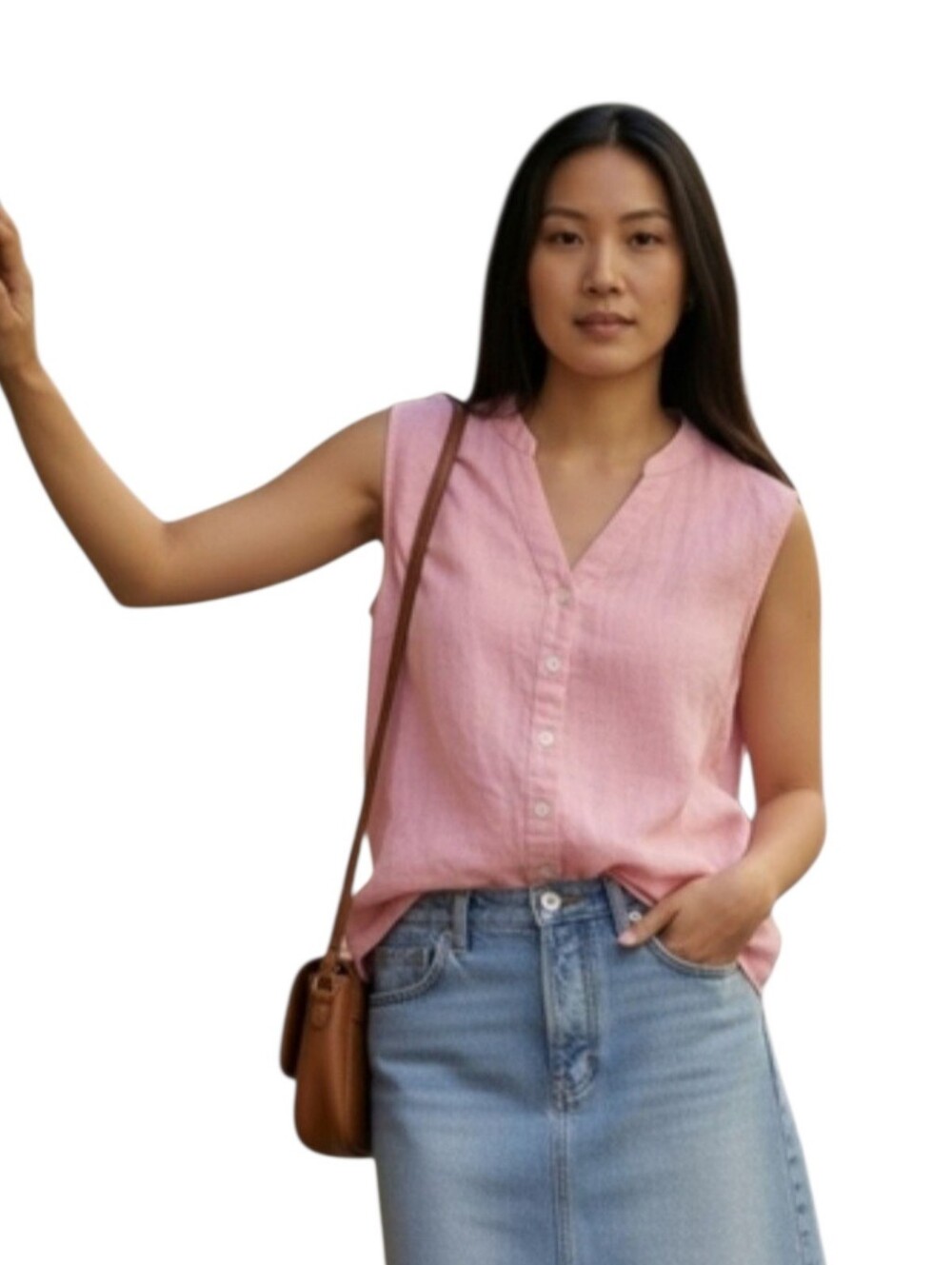 Weatherproof Sleeveless Button-Front Linen Top in Pink